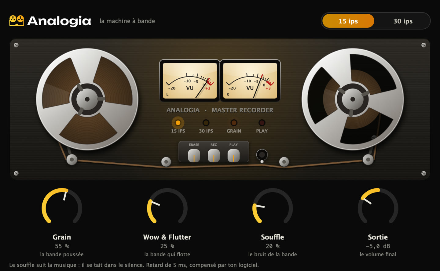 Interface d'Analogia : un magnétophone à bobines avec deux VU-mètres, les têtes ERASE, REC et PLAY, et les boutons Grain, Wow & Flutter, Souffle et Sortie