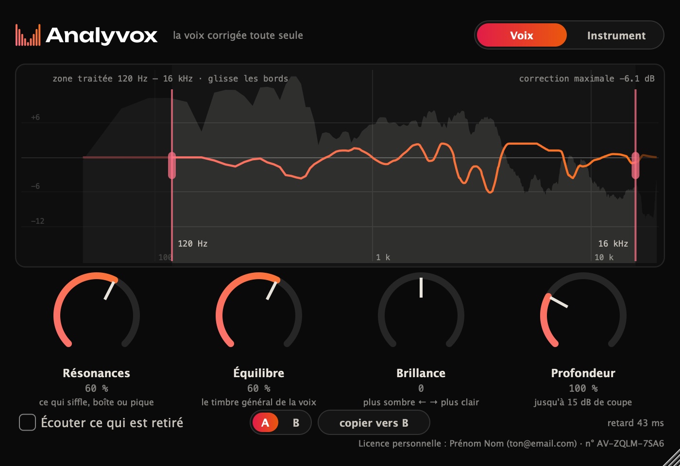 Interface d'Analyvox : le spectre de la voix, la courbe de correction et les réglages Résonances, Équilibre et Brillance