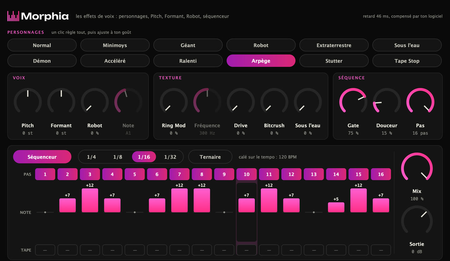 Interface de Morphia : les douze personnages, les boutons Pitch, Formant, Robot, Ring Mod, Drive, Bitcrush et Sous l'eau, et le séquenceur de 16 pas avec une note par pas