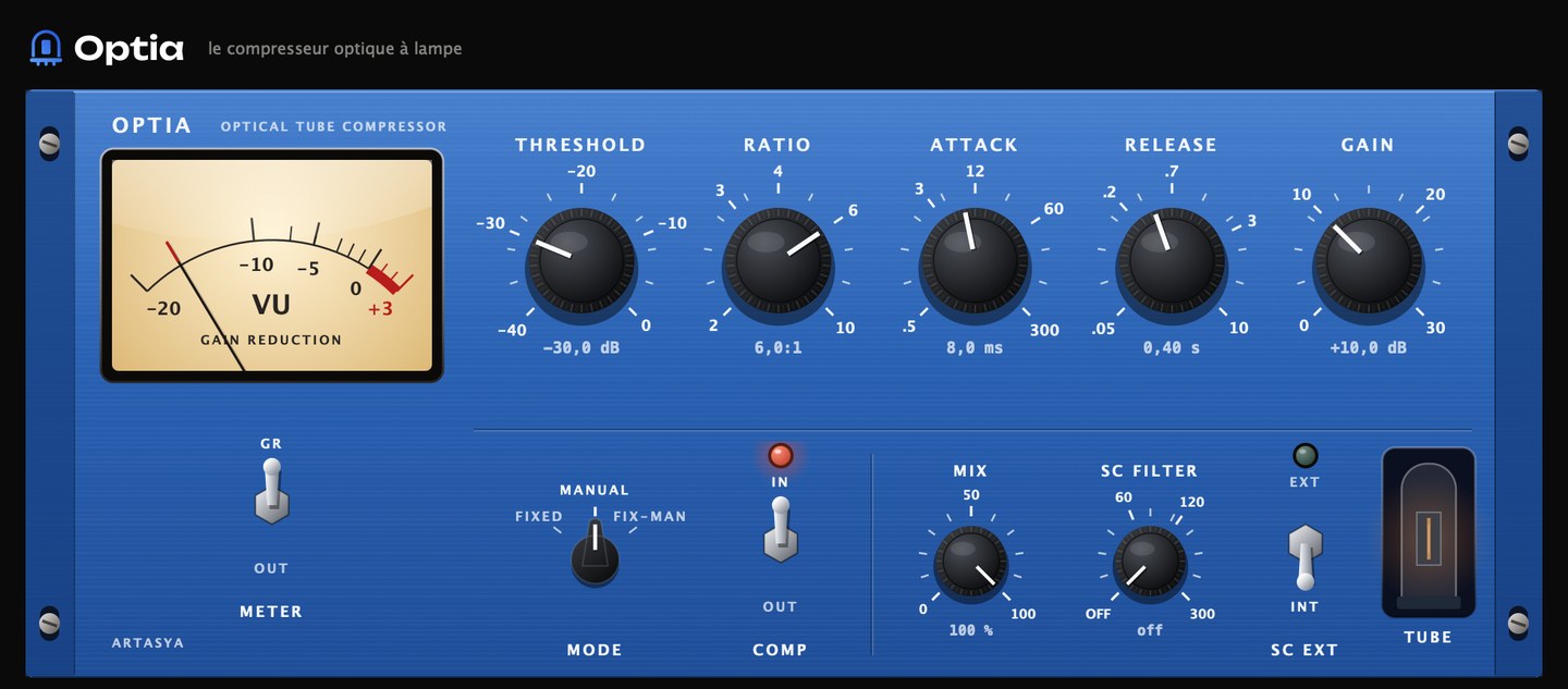 Interface d'Optia : façade de rack bleue, VU-mètre de réduction de gain, boutons Threshold, Ratio, Attack, Release et Gain, sélecteur de mode, Mix, SC Filter, SC Ext et la lampe